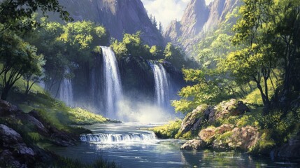 Fototapeta premium Serene Waterfall in Lush Green Forest Valley