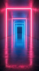Illuminated hallway with vibrant pink and blue neon lights creating a futuristic atmosphere