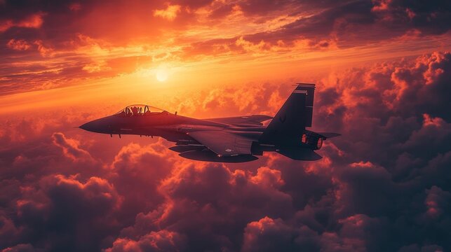 F-15 Fighter Jet Flying in the Clouds During Sunset with Sky Glow. Generative AI - Powered by Adobe