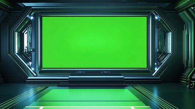 Futuristic spaceship interior with green screen background for VFX and design