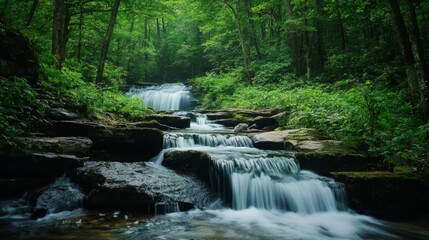Obraz premium Serene Waterfall in Lush Green Forest
