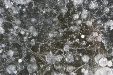 Ice texture (pattern) of frozen river from frost in winter with white air crystal bubbles (rims) and cracks. Winter Background. Background texture concept.