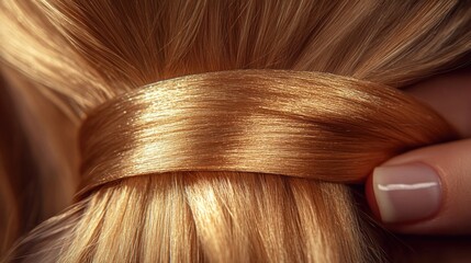 Fototapeta premium Close-up blonde hair, tied with satin ribbon, salon setting