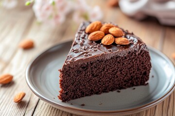 A slice of moist chocolate cake sits on a simple gray plate, topped with whole almonds. The inviting dessert is surrounded by wooden textures and delicate floral accents