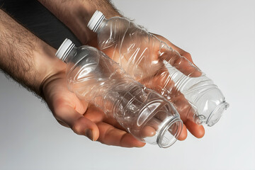Male Hands Holding Crushed Clear Plastic Bottles Against Minimalist Gray Background for Recycling Awareness