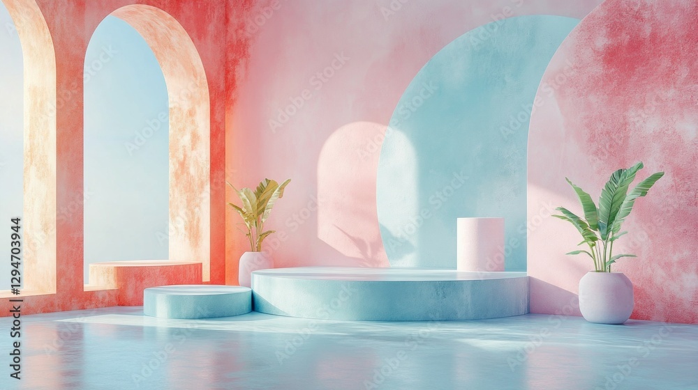 Poster soft pastel colors embrace the serene space, where circular forms and gentle arches create a tranqui