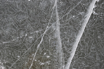 Ice texture (pattern) of frozen river from frost in winter with big white cracks and patterns. Winter Background. Background texture concept.