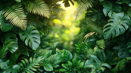 A vibrant collection of lush green tropical leaves with sunlight filtering through, creating a tranquil and serene atmosphere.