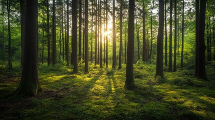 Obraz premium Sunlit Forest Path: Lush Green Trees and Golden Sunlight