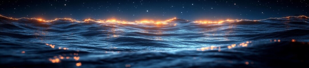 Obraz premium Ocean Waves and Sparkling Lights in a Night Scene with Stars. Generative AI