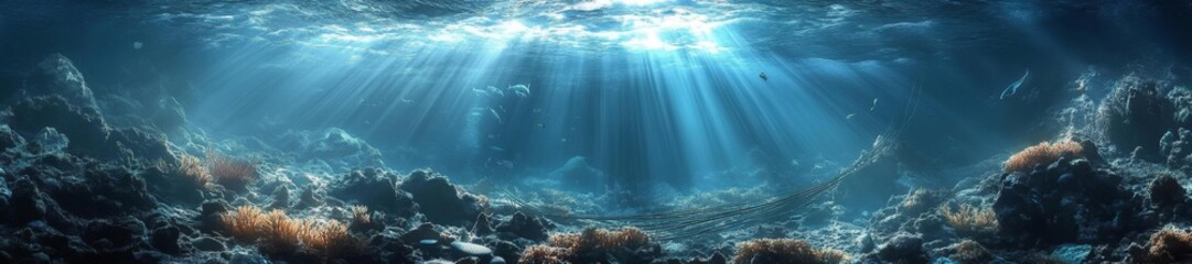 Obraz premium Underwater scene with light rays and marine life in a vibrant coral ecosystem. Generative AI