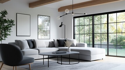 Cozy Living Room: A modern living room showcasing a comfortable gray sofa, a sleek coffee table, and large windows overlooking a vibrant green outdoor view.