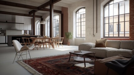 Modern Loft Interior: An inviting modern loft showcases a blend of textures with exposed beams, large windows, and contemporary furnishings.