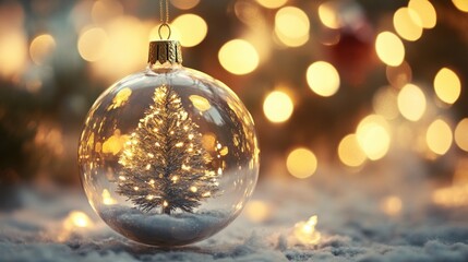 A shimmering Christmas ornament featuring a miniature tree, surrounded by soft snow and warm bokeh lights.