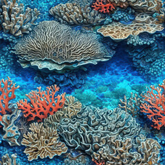 Obraz premium Seamless texture of a vibrant coral reef, showcasing intricate coral patterns and natural underwater details, ideal for marine-themed designs, ocean projects, and creative backgrounds.