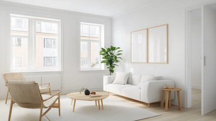 Fototapeta premium Serene Living Space: A contemporary living room with light-filled ambiance, clean lines, a comfortable sofa, stylish armchairs, and a touch of nature.
