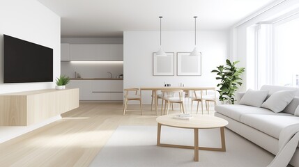 Serene Interior: Modern living space with natural wood furnishings and lush plants creates a calming, inviting atmosphere.