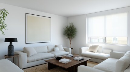 Fototapeta premium Modern Living Room: A bright, airy living space with contemporary furniture, a tasteful decor scheme, natural light, and minimalist design elements. 