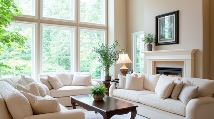Serene Living Room: Bright and airy living room with large windows framing a lush green outdoor view, complemented by neutral furnishings, a cozy fireplace, and tasteful decor.