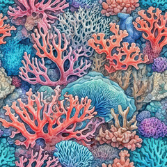 Obraz premium Seamless texture of a vibrant coral reef, showcasing intricate coral patterns and natural underwater details, ideal for marine-themed designs, ocean projects, and creative backgrounds.