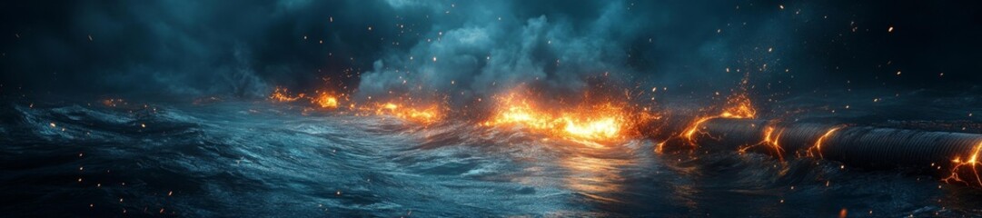 Obraz premium Underwater Pipeline Burst with Sparks and Dark Waters in a Chaotic Scene. Generative AI