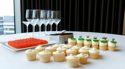 Luxurious wine glasses alongside gourmet appetizers, showcasing refined dining experience with opulent elegance and celebratory atmosphere