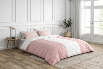 Elegant and Cozy Bedroom Design Featuring Soft Pink and White Bedding, Modern Furniture, and Natural Light