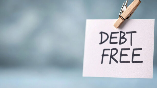 Wooden clothespin gripping handwritten debt free note, symbolizing personal financial independence and successful money management