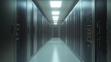 A shot of a corridor in a high-tech data center, lined with rack servers and supercomputers, illuminated by a dynamic visualization of high-speed internet projections.