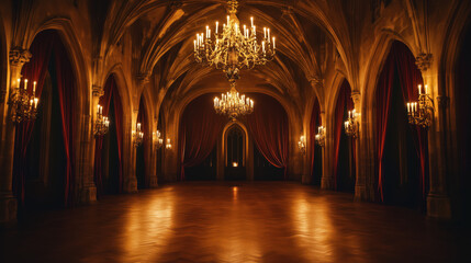 A Majestic Hall with Sweeping Arches, Golden Chandeliers, and Rich Velvet Curtains, Creating an Opulent Backdrop with Warm Tones and Dramatic Lighting