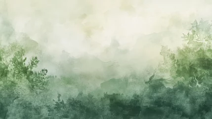 Canvas schilderij Kaki A serene watercolor landscape featuring soft green hues and misty mountains, evoking tranquility and nature's beauty.  © Tom