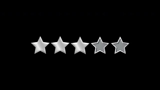 3 Silver stars out of 5 stars ranking system award graphic with clear alpha transparent overlay background animating on and light sweep animation [4K]