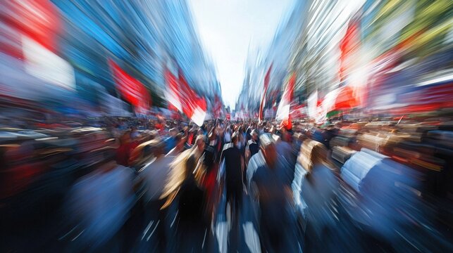 A vibrant, dynamic crowd surges forward, a sea of motion and color.  Flags blur in a rush of energy and excitement.