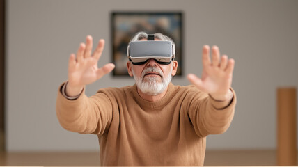 Mature visitor exploring virtual reality exhibit, wearing high tech headset while engaging with digital art installation in museum gallery