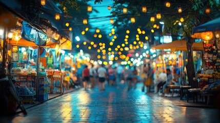 Naklejka premium Night market bustling with activity, warm light illuminating vibrant stalls and happy people. A captivating scene of cultural immersion.