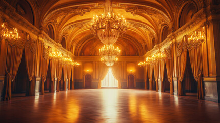 Obraz premium A Majestic Hall with Sweeping Arches, Golden Chandeliers, and Rich Velvet Curtains, Creating an Opulent Backdrop with Warm Tones and Dramatic Lighting