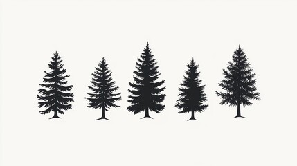 Obraz premium A striking silhouette of five evergreen trees, showcasing varying heights and shapes against a minimalist background.