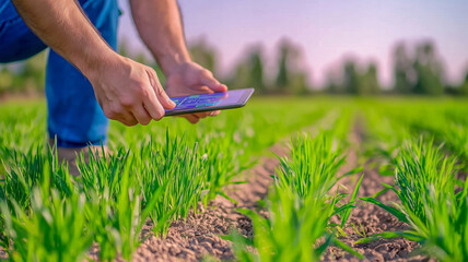 Farmer monitors crops using a tablet with data visualization software, implementing precision farming techniques for optimal growth and yield
