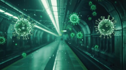 Microscopic view of virus particles floating in a deserted subway tunnel.  A chilling visualization of pandemic spread.