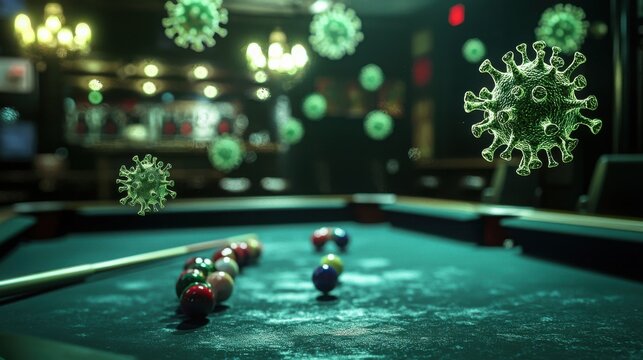 A pool table sits empty in a dimly lit bar, with floating virus particles in the air. The scene evokes feelings of isolation and the impact of the pandemic on social gatherings.