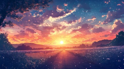 Naklejka premium A breathtaking sunset envelops the horizon, casting soft hues of orange and pink across the sky. A serene path meanders through a quiet meadow, inviting calm thoughts as the day fades