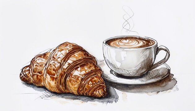 Naklejki Illustration of cup with coffee and croissant, hand drawn, sketch on white background