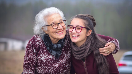 Fototapeta premium Grandmother hugging granddaughter, laughing together in sunny outdoor setting, warm family connection radiating happiness
