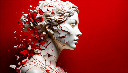 A sculpture of a woman in profile crumbling into pieces, emotional fragility, personality disintegration, vulnerability, transformation and liberation from limitations