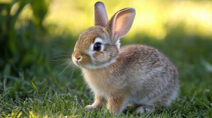 A cute, small brown rabbit sits on lush green grass, showcasing its fluffy fur and curious expression under soft sunlight.