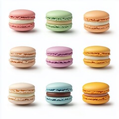 Fototapeta premium Colorful assortment of macarons arranged neatly on a white background