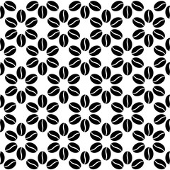 Fototapeta premium Coffee seamless pattern. Repeated coffee bean patterns. Repeating black beans isolated on white background. Seed for cafe. Geometric coffe texture. Abstract grain. Grains prints. Vector illustration
