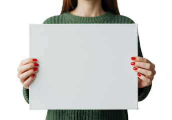 Woman holding blank poster on isolated background. cut out