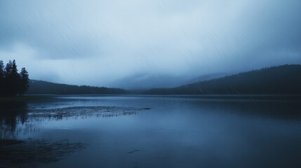 A serene landscape featuring a tranquil lake surrounded by misty mountains under a rainy sky, exuding calmness and solitude.