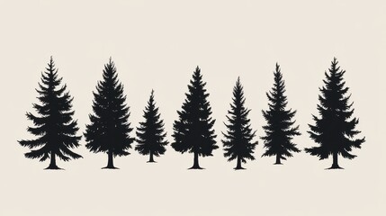 Fototapeta premium Silhouette of various coniferous trees against a pale background.